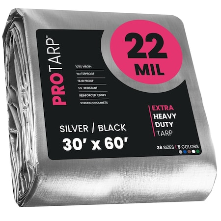 Protarp Heavy Duty Tarp, 30 ft x 60 ft, 22 Mil, Silver/Black, Polyethylene, Waterproof, Rip and Tear Proof PT-201-30X60